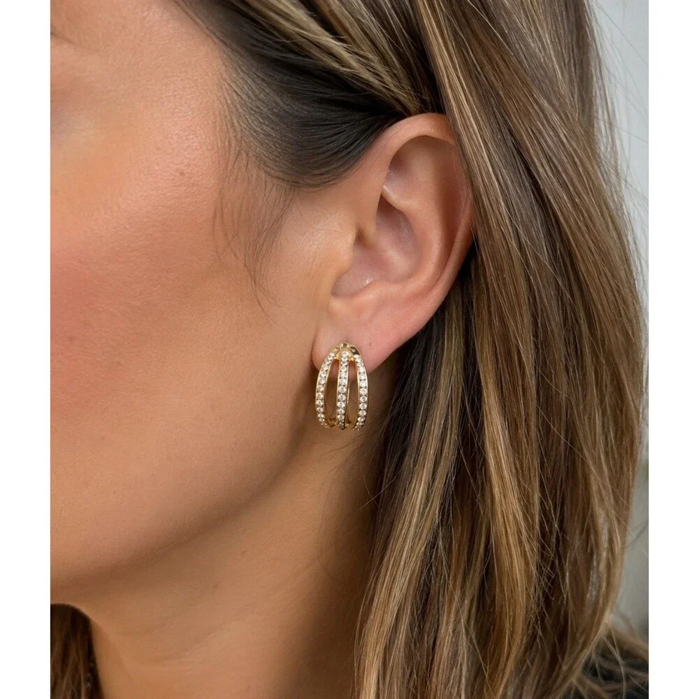 Vintage Inspired Gold Tone Rhinestone Open Oval Hoop Sparkley Earrings